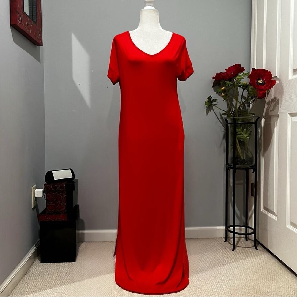 NEW Grecerelle Longline Casual Short Sleeve V Neck Pockets Maxi Dress Red S NWT